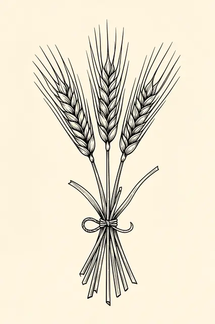 Black fine line illustration of three bound wheat stalks on a cream background