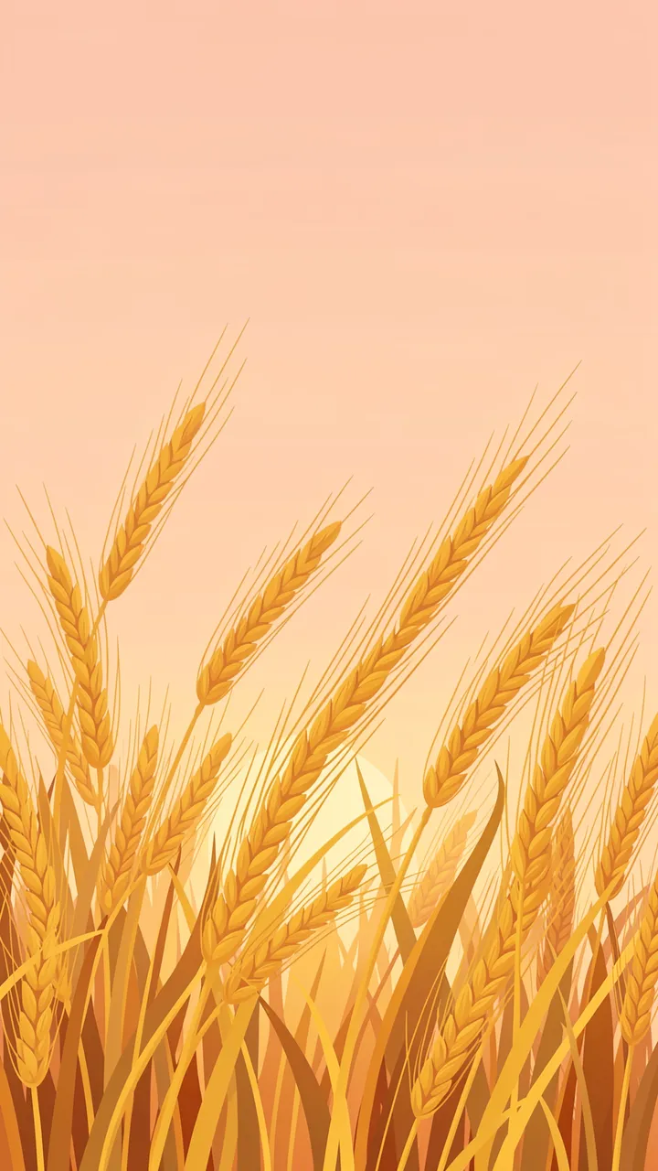 Golden wheat stalks frame the bottom of the frame against a soft gradient peach sunset sky
