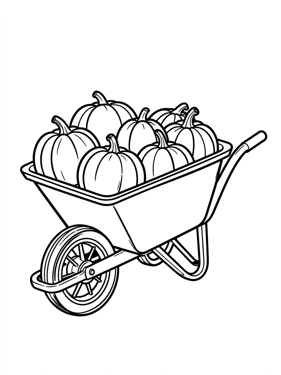 Bold black line art of a wheelbarrow filled with pumpkins on a plain white background
