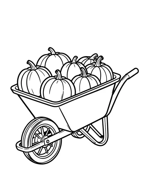 Bold black line art of a wheelbarrow filled with pumpkins on a plain white background