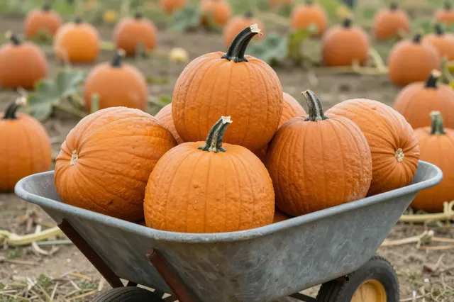 A metal wheelbarrow heaped with ripe orange pumpkins sits in a growing pumpkin patch