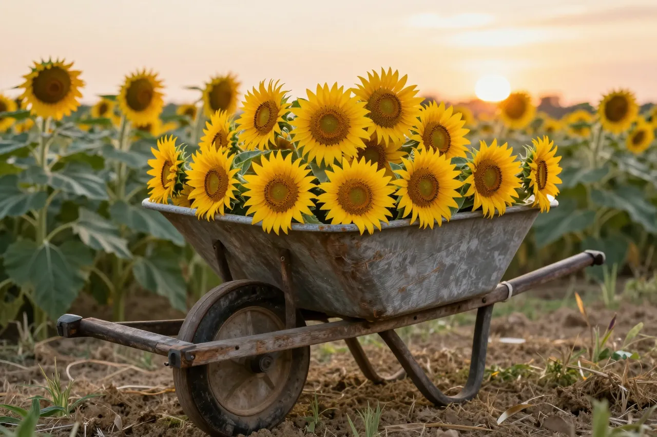 A weathered wheelbarrow overflowing with fresh sunflowers sits in a sunflower field at golden sunset