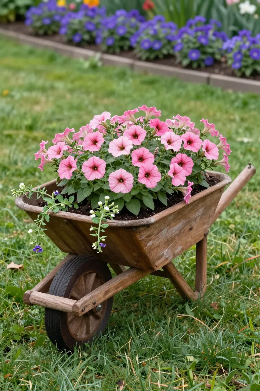 Wooden wheelbarrow planted with pink petunias sits on a lawn beside a flowering garden border