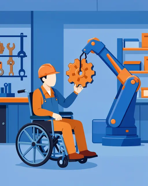 Faceless engineer in a wheelchair holds a gear lifted by an industrial robot arm in a workshop.