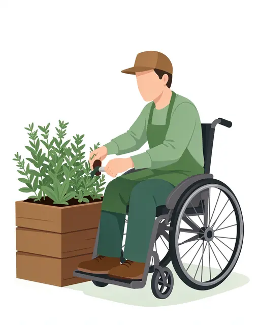 Faceless gardener in a wheelchair uses a small trowel to tend herbs in a wooden raised planter