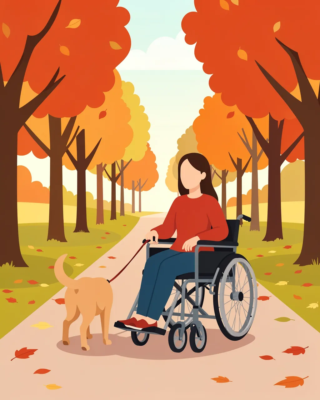 A faceless woman in a wheelchair holds a leash to a tan dog on a park path lined with fall trees.