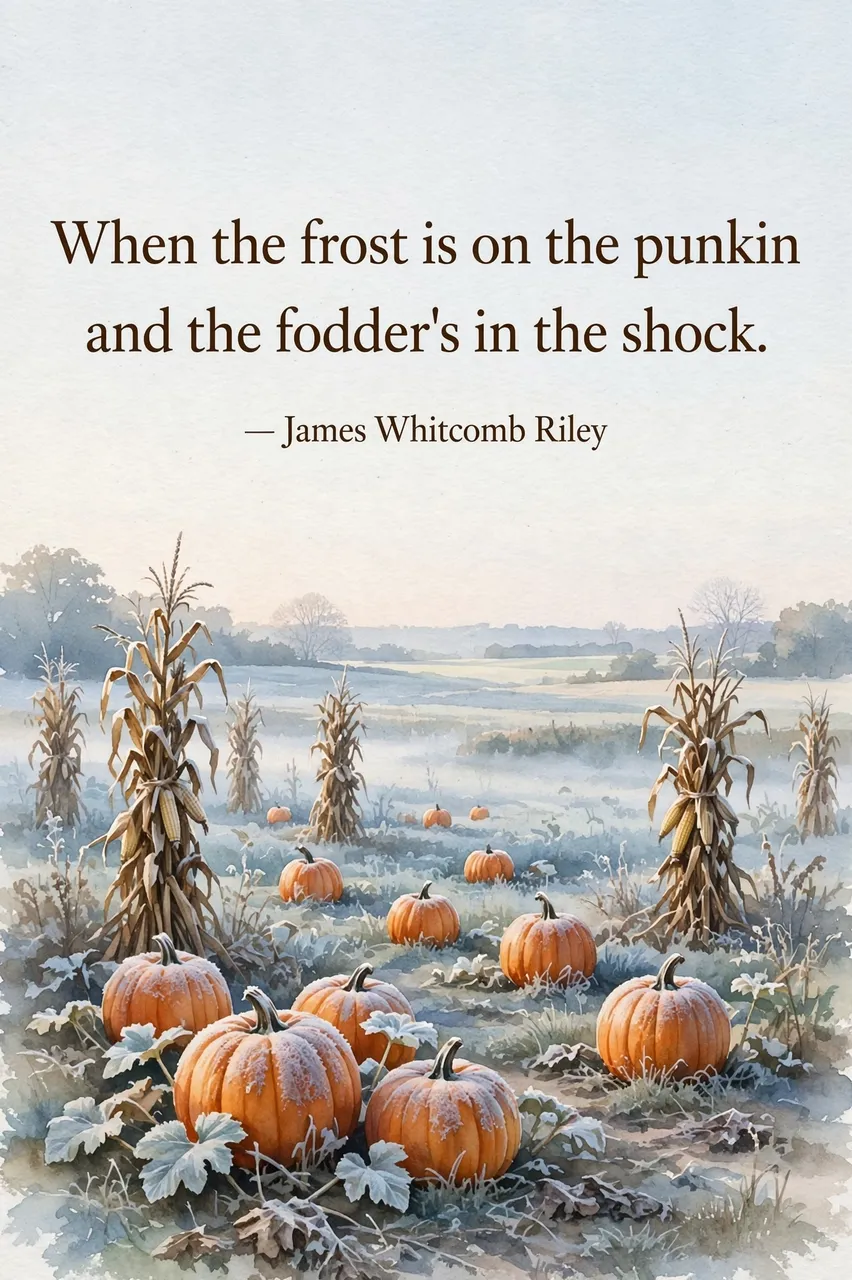 Watercolor of a frosty dawn pumpkin field with the quote "When the frost is on the punkin and the fodder's in the shock.