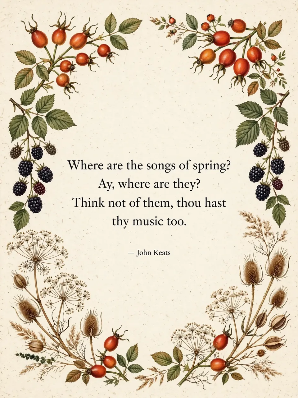 Botanical border illustration of rose hips, blackberries and seed heads frames a cream background with a John Keats quote