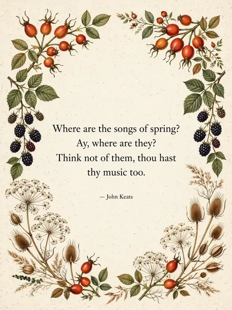 Botanical border illustration of rose hips, blackberries and seed heads frames a cream background with a John Keats quote