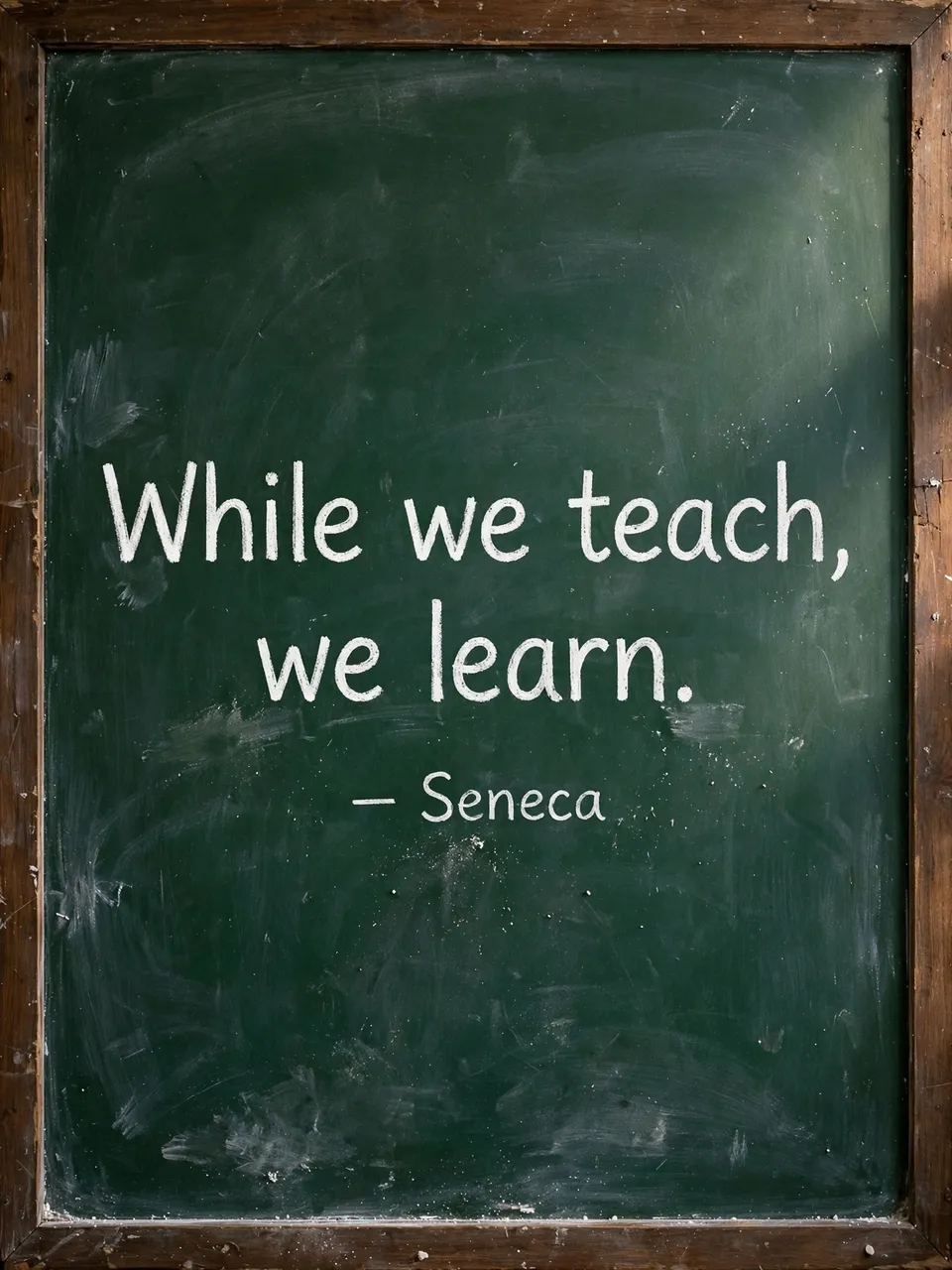 White chalk lettering reading 'While we teach, we learn. — Seneca' on a worn green framed chalkboard