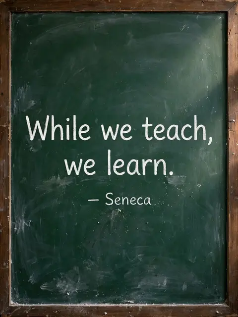 White chalk lettering reading 'While we teach, we learn. — Seneca' on a worn green framed chalkboard