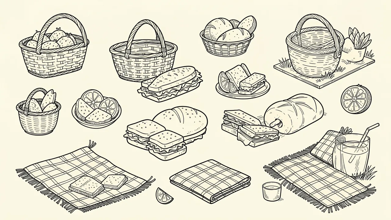 Thin line art drawing of assorted picnic baskets, sandwiches, blankets, and food items on an ivory background