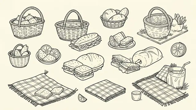 Thin line art drawing of assorted picnic baskets, sandwiches, blankets, and food items on an ivory background