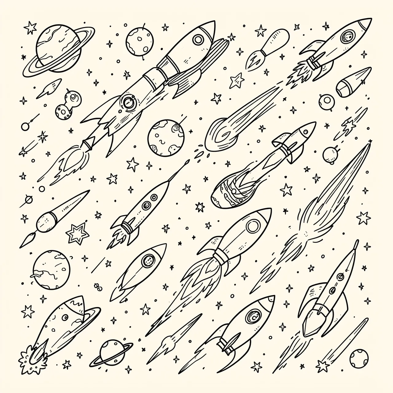 Thin black line doodles of rockets, planets, comets, and stars arranged on an ivory background