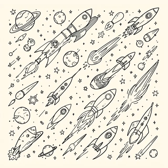 Thin black line doodles of rockets, planets, comets, and stars arranged on an ivory background