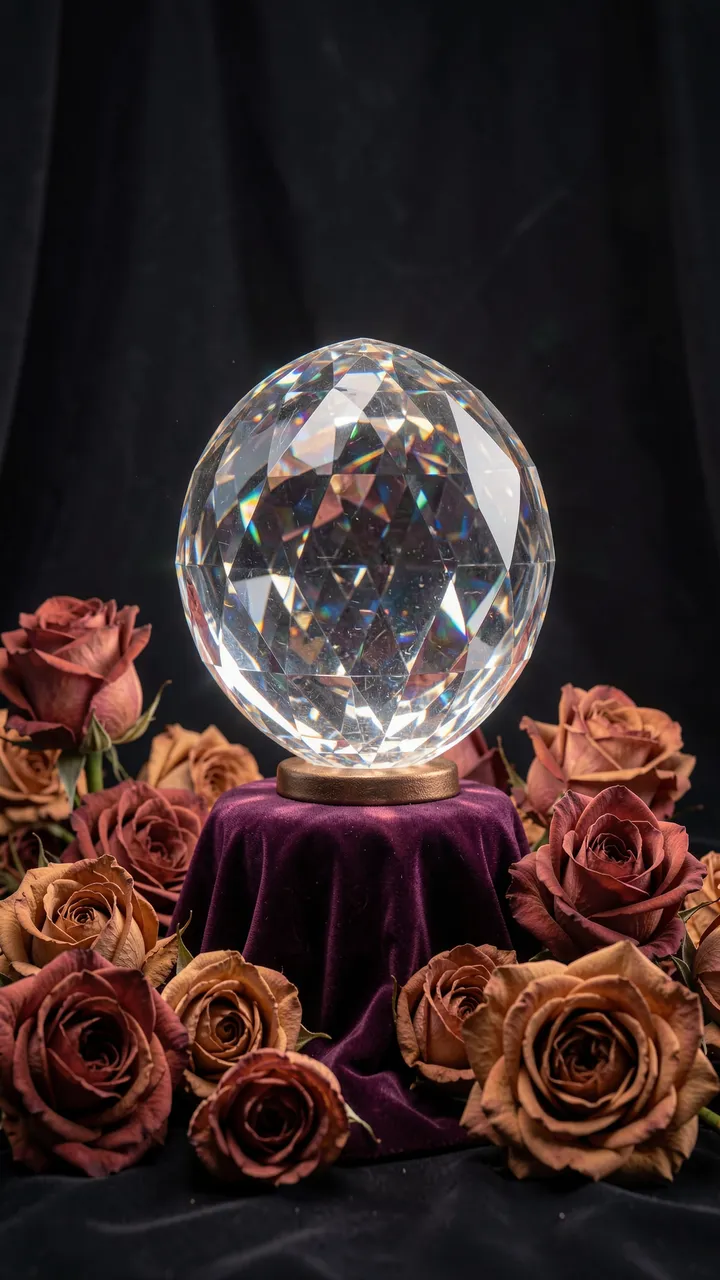 Faceted crystal orb on a velvet stand surrounded by dried roses against a dark draped background