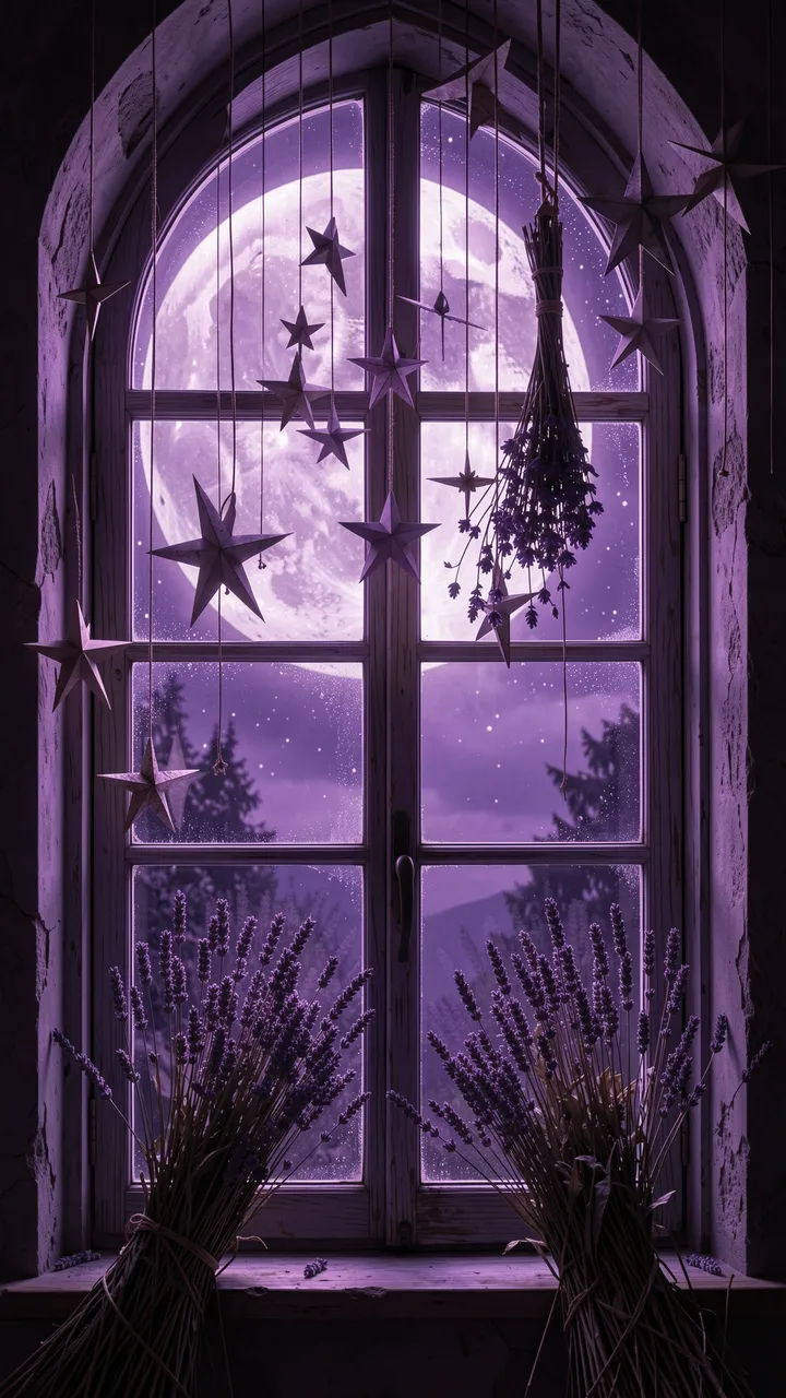 Arched gothic window with hanging paper stars and dried lavender under a glowing violet full moon