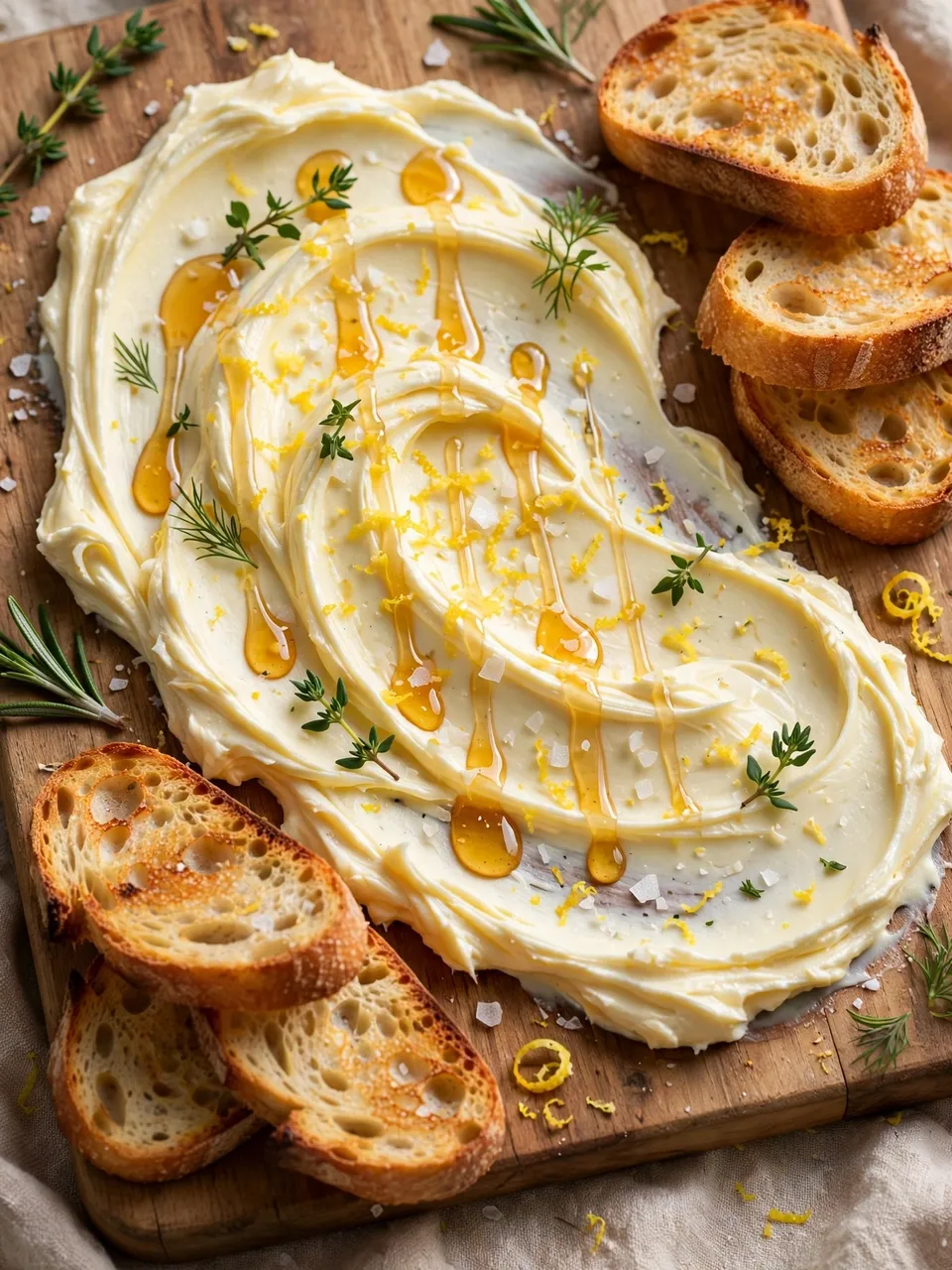 A wooden butter board holds swirled whipped butter topped with honey, herbs, zest, flaky salt, and toasted sourdough slices.