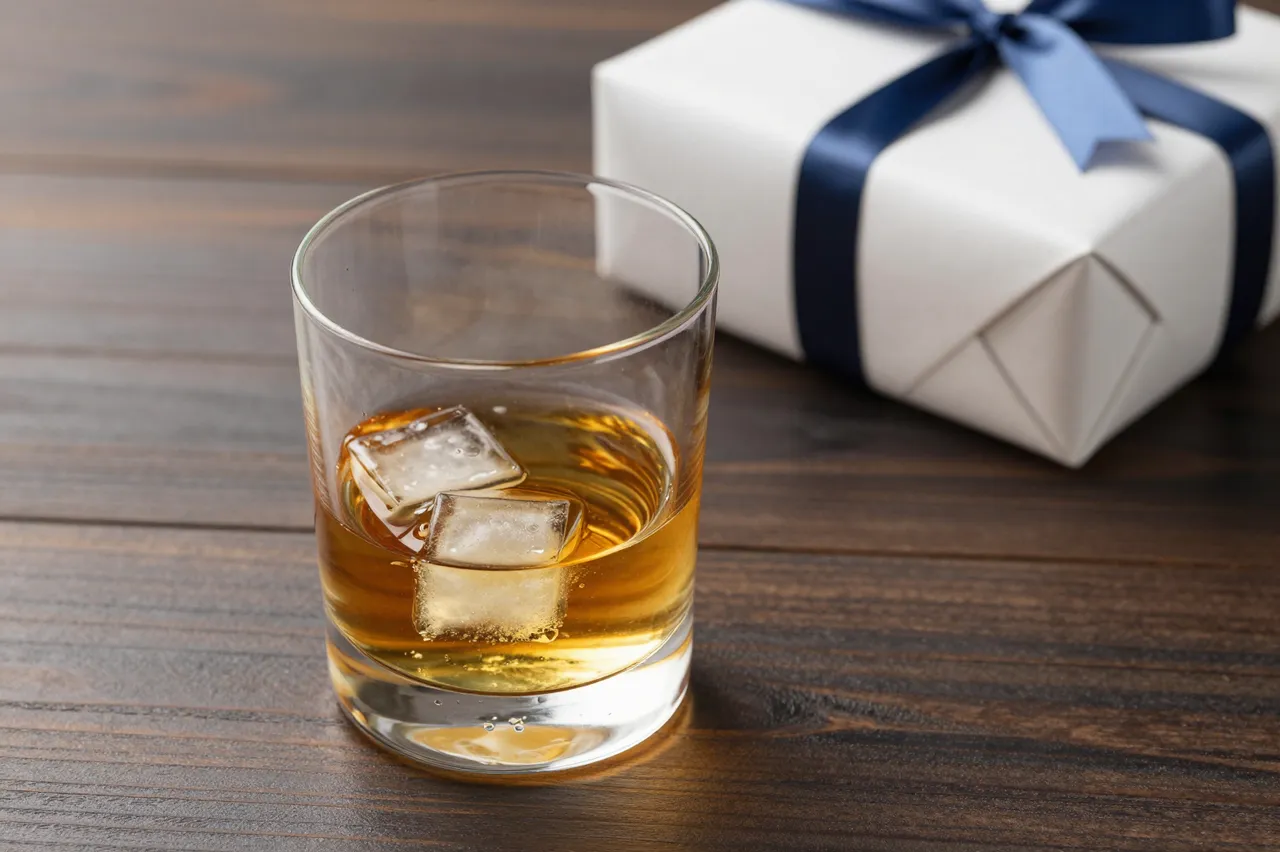 A glass of whiskey with ice sits next to a wrapped gift box on a dark wooden table