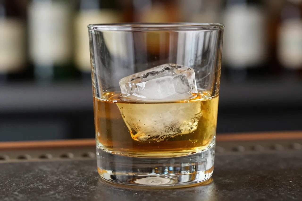 A clear tumbler of amber whiskey with a large ice cube sits on a dark bar top