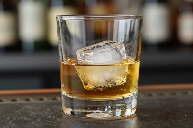A clear tumbler of amber whiskey with a large ice cube sits on a dark bar top