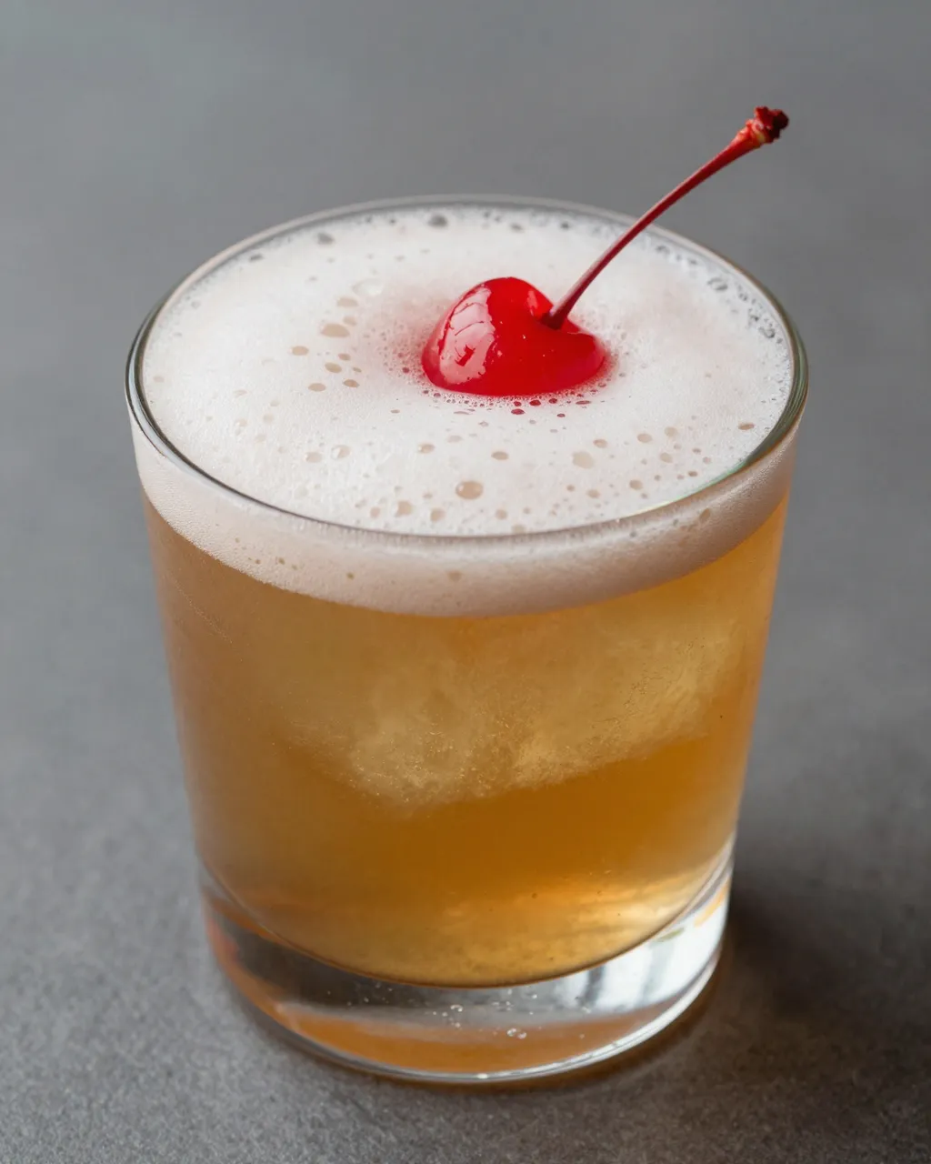 A glass of foamy whiskey sour garnished with a maraschino cherry rests on a smooth gray surface