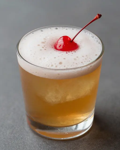A glass of foamy whiskey sour garnished with a maraschino cherry rests on a smooth gray surface