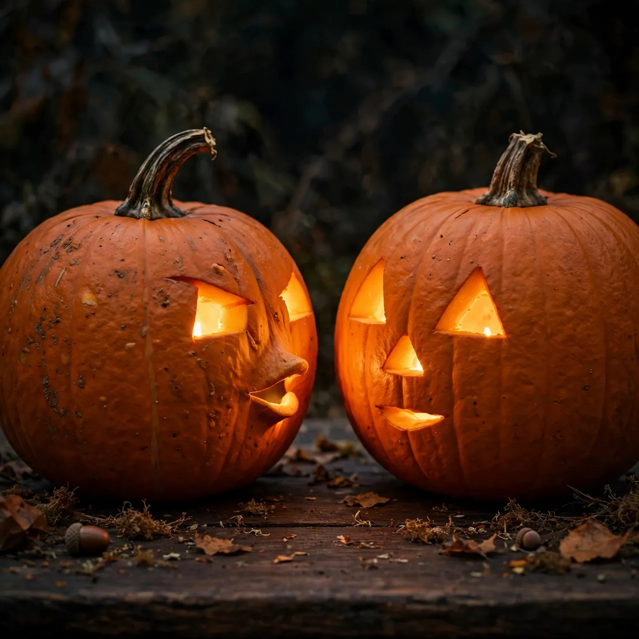 Two glowing carved jack-o'-lanterns sit facing each other on a dark rustic wooden table