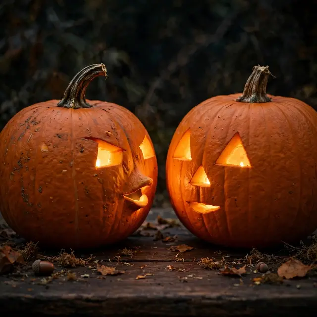 Two glowing carved jack-o'-lanterns sit facing each other on a dark rustic wooden table