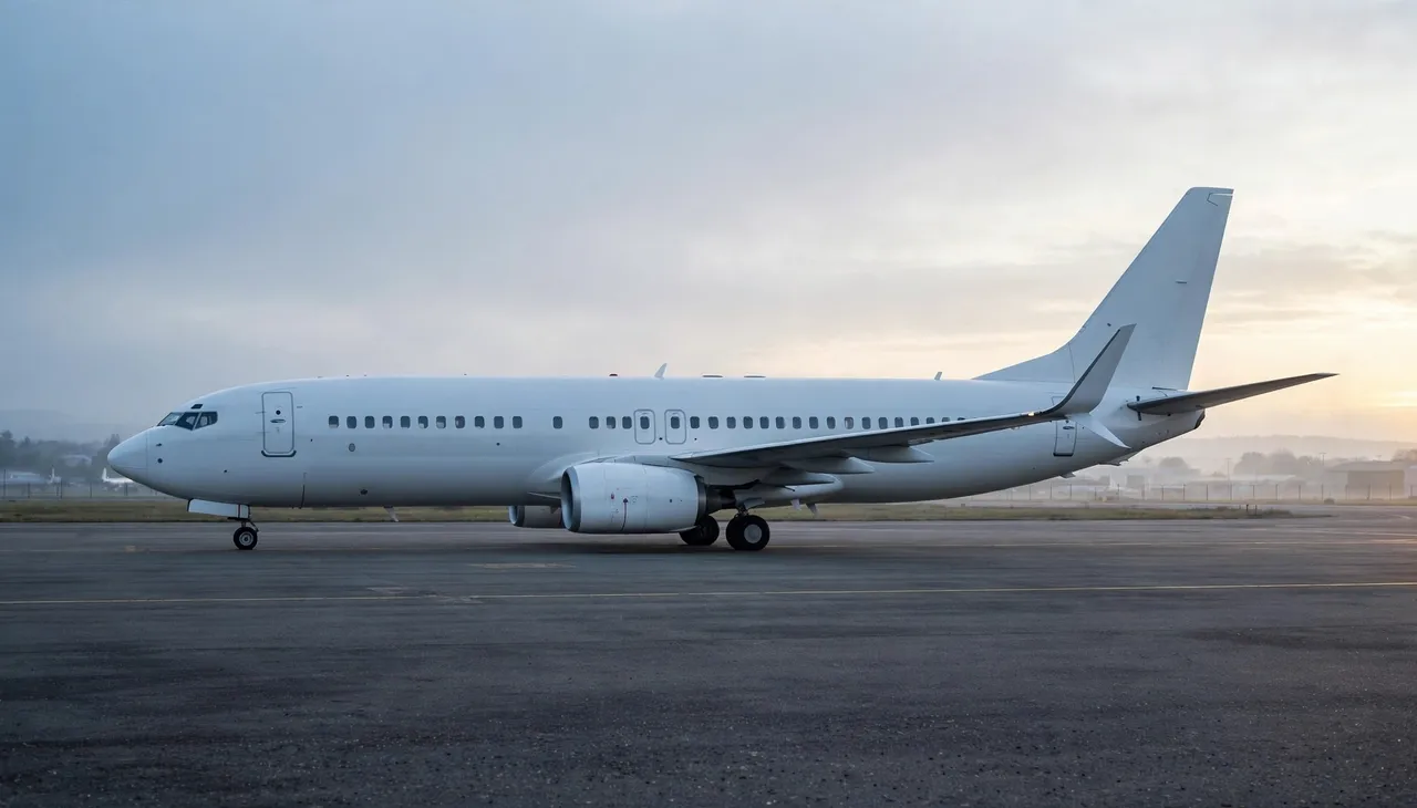 A plain white modern passenger airliner sits parked on an empty airport tarmac at foggy dawn in side view.
