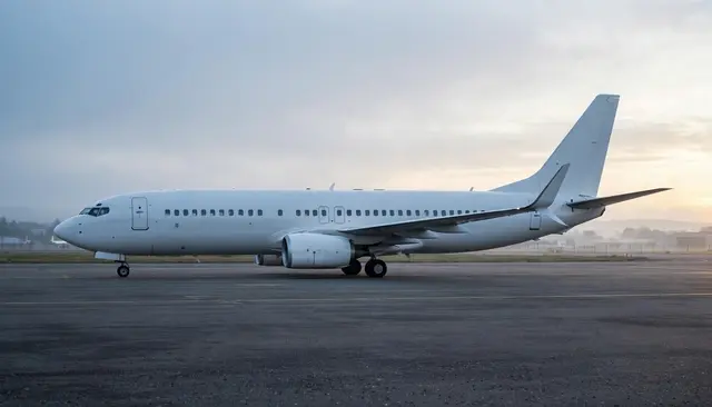 A plain white modern passenger airliner sits parked on an empty airport tarmac at foggy dawn in side view.