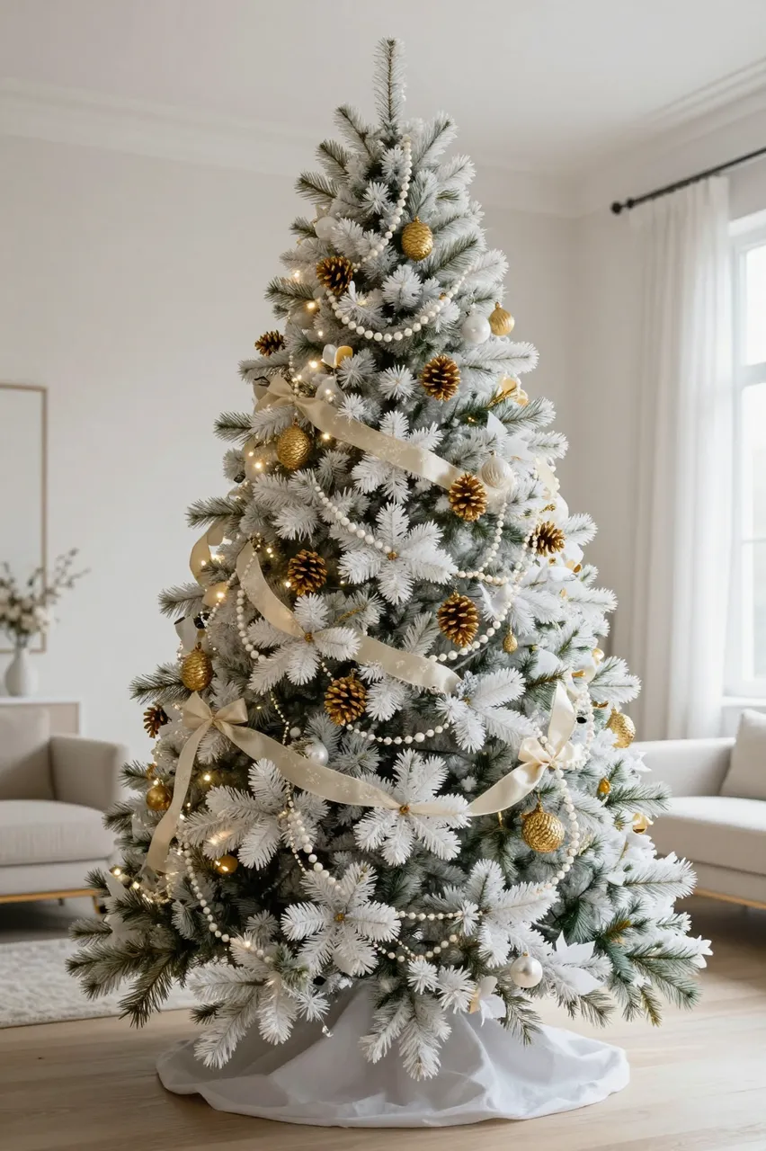 Flocked Christmas tree with gold ornaments and cream ribbon stands in a pale neutral living room.