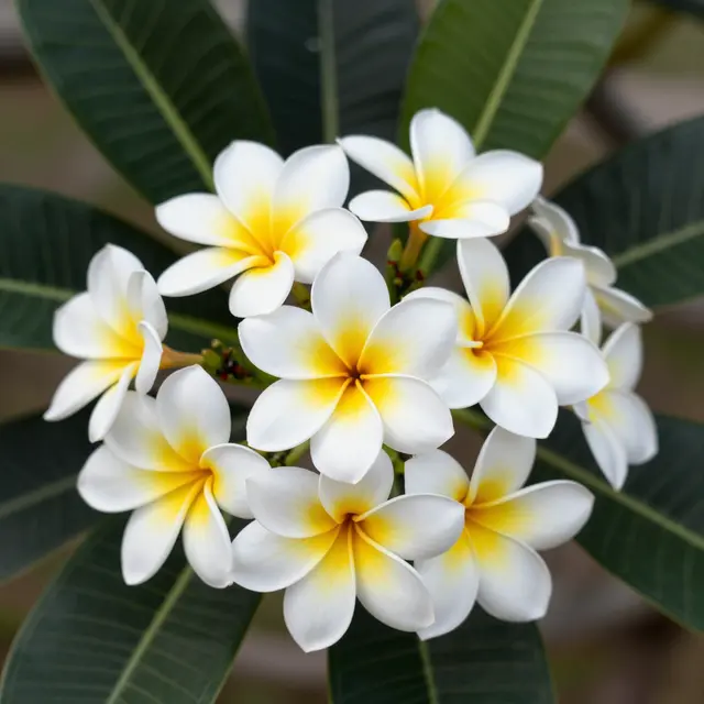 A cluster of white and yellow frangipani flowers surrounded by dark green veined leaves.