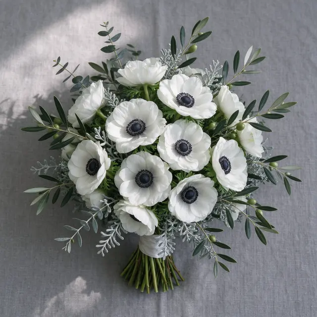 Overhead view of a white anemone bouquet with olive and silver foliage resting on gray linen