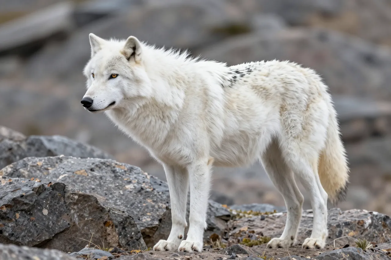 A white arctic wolf stands alert on a rocky hill, looking to the left of the frame