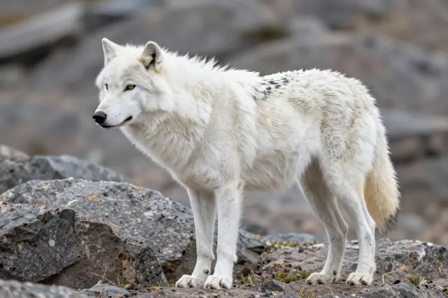 A white arctic wolf stands alert on a rocky hill, looking to the left of the frame