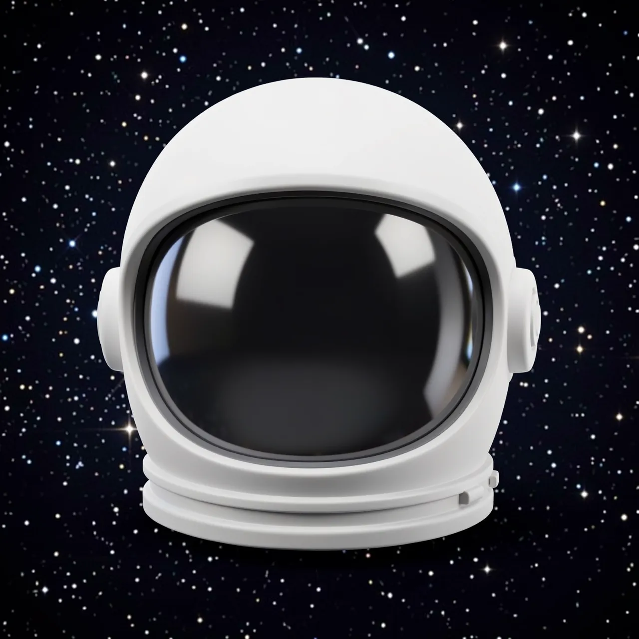 A smooth white astronaut helmet with a reflective dark visor sits against a dense starry outer space background