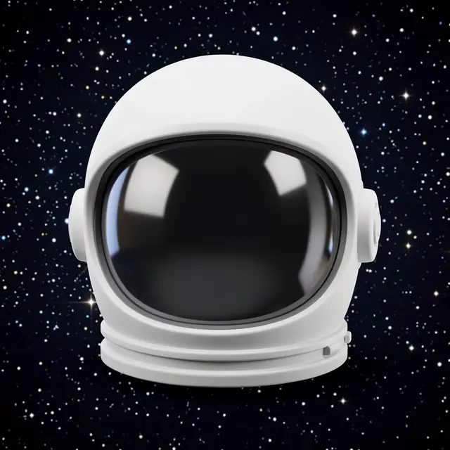 A smooth white astronaut helmet with a reflective dark visor sits against a dense starry outer space background