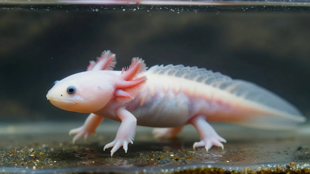 A pale white axolotl with feathery pink gills rests on aquarium substrate in clear water