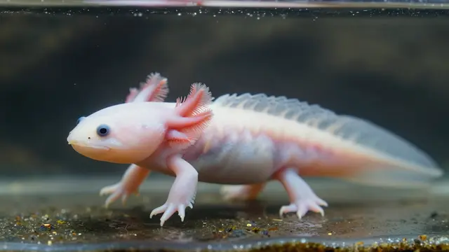 A pale white axolotl with feathery pink gills rests on aquarium substrate in clear water