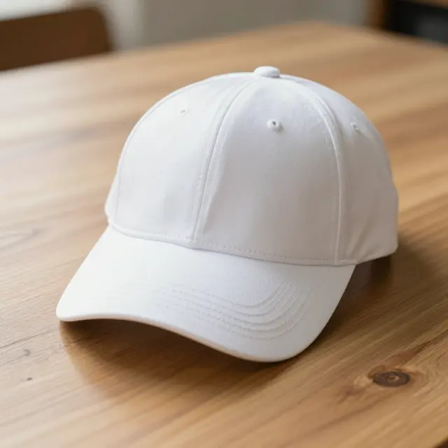 A plain white baseball cap rests on a light wooden table in soft morning light.