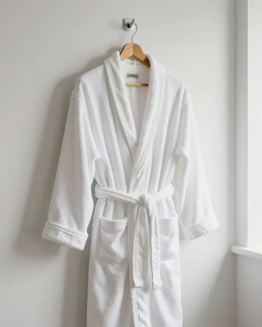 A plush white terry cloth bathrobe hangs on a wooden hanger attached to a wall hook next to a window sill.