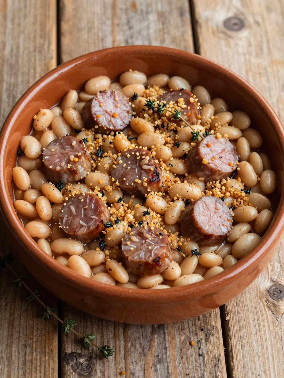 Overhead view of hearty white bean cassoulet with sausage, thyme, and crumbs in a terracotta dish on a rustic wooden table.