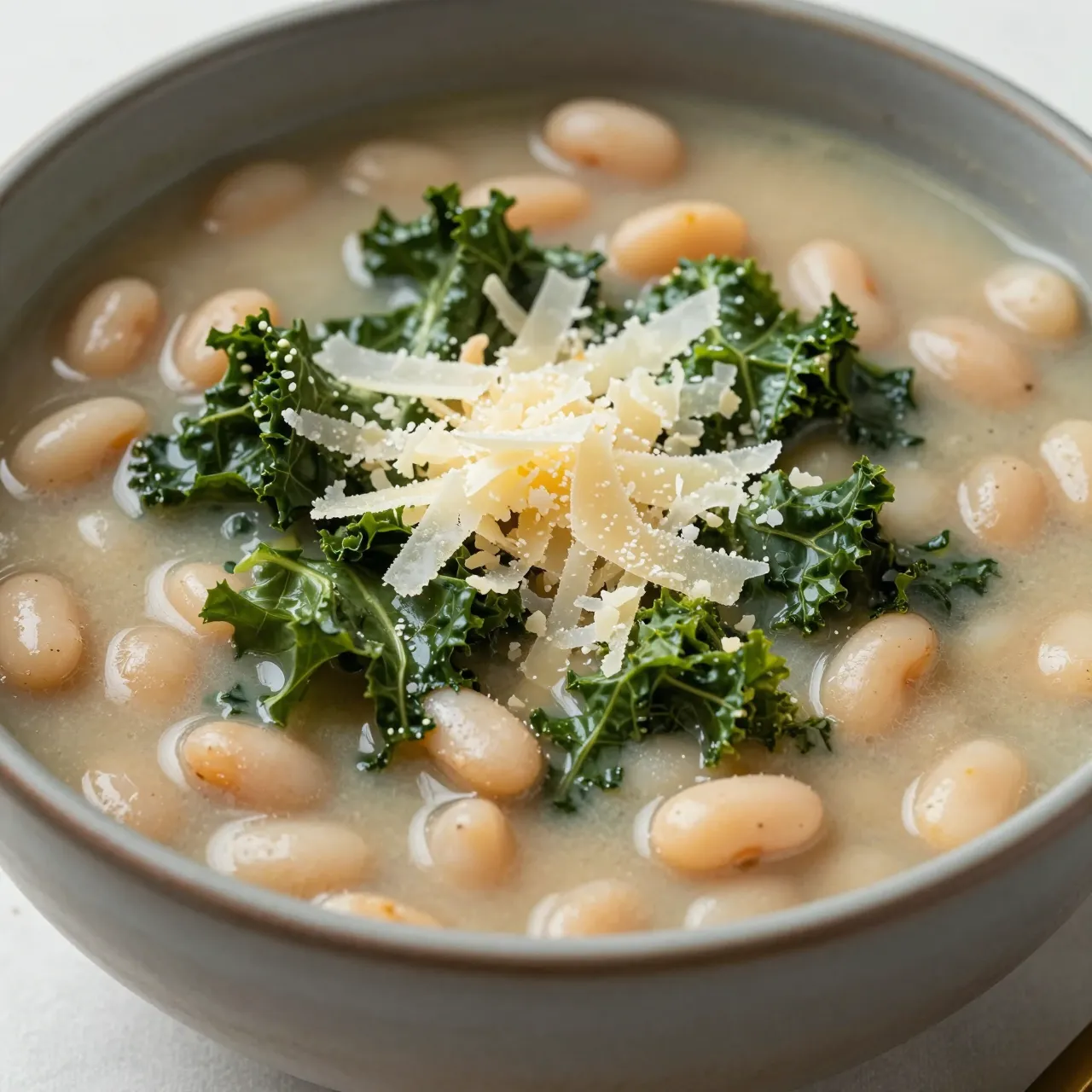A close-up of white bean and kale soup topped with shaved parmesan in a gray rustic bowl