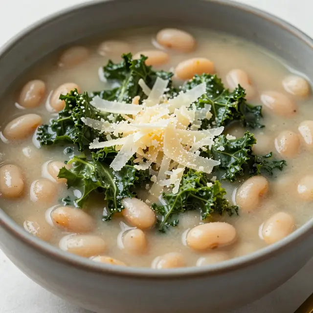 A close-up of white bean and kale soup topped with shaved parmesan in a gray rustic bowl