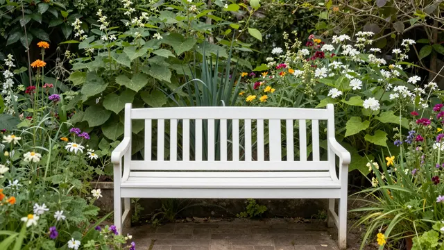 A white wooden bench sits surrounded by dense colorful flowering plants in a lush cottage garden.
