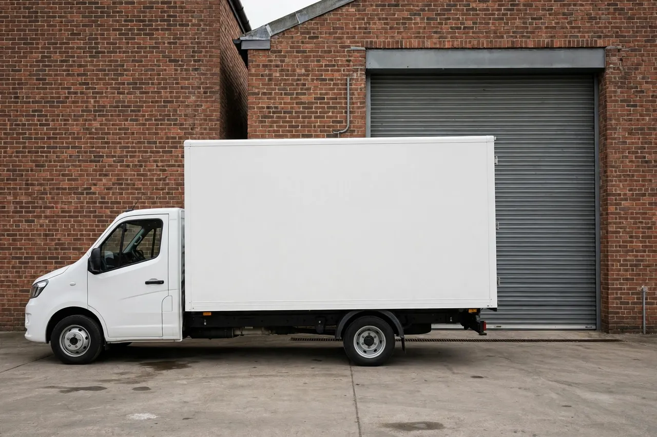 Side view of a plain unmarked white box truck parked outside a brick warehouse with a closed roller door