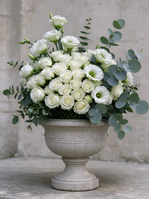 Cream white roses, lisianthus and eucalyptus arranged in a carved light stone urn against a pale stone wall under soft