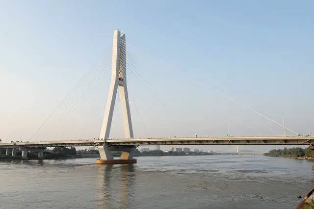 A tall white cable-stayed bridge spans a wide calm river under a clear pale morning sky