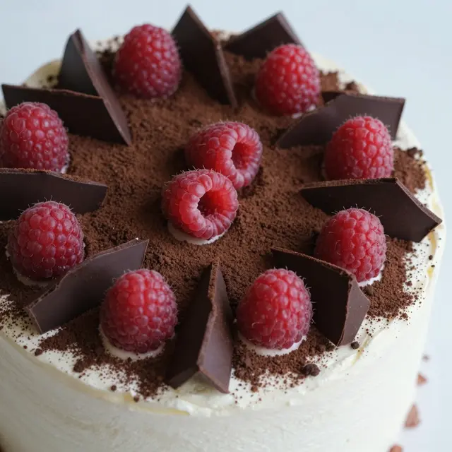 Top down close up of a frosted white cake topped with cocoa powder, chocolate shards, and fresh raspberries.